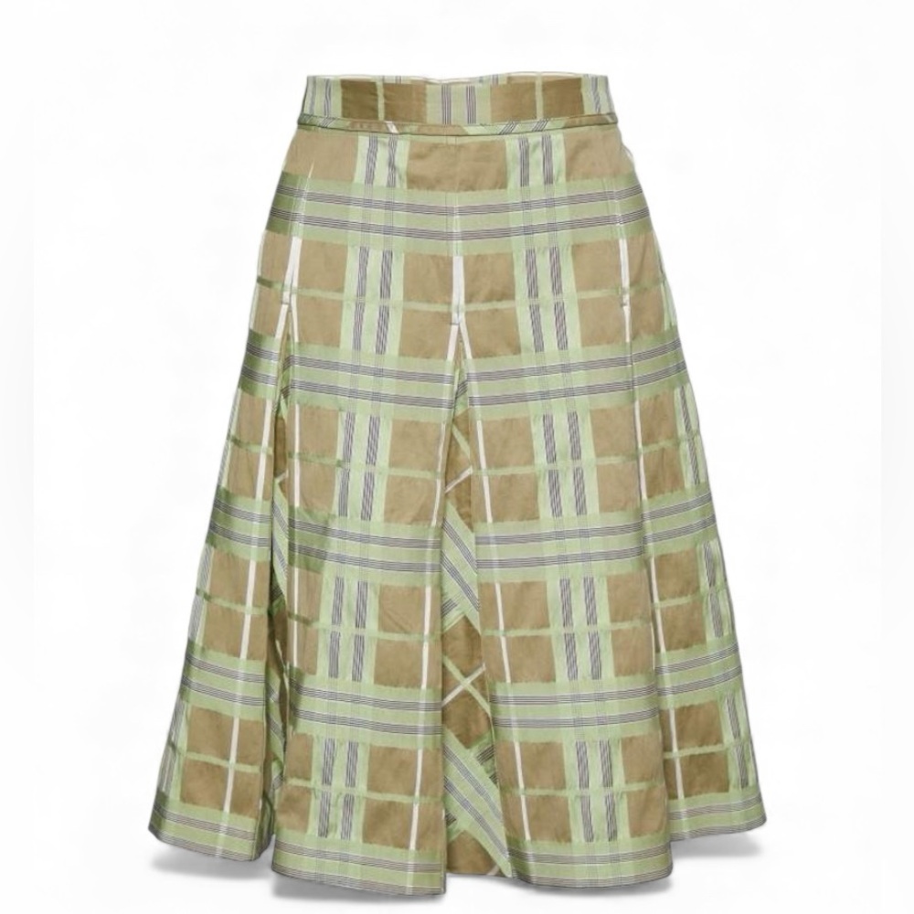 Burberry Green & Beige Check Pleated Skirt
